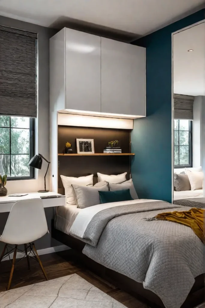 Contemporary bedroom with Murphy bed and floating desk