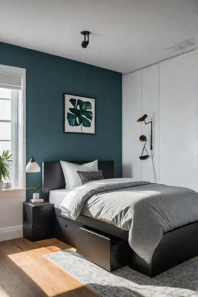 Modern minimalist bedroom with storage solutions