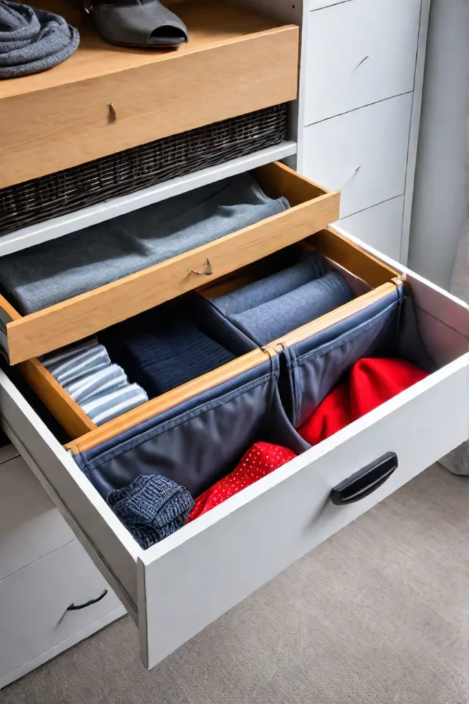 Open closet drawers with rolled clothes and organized accessories