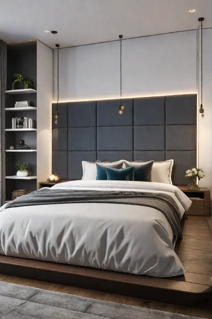 Serene bedroom with spacesaving storage solutions