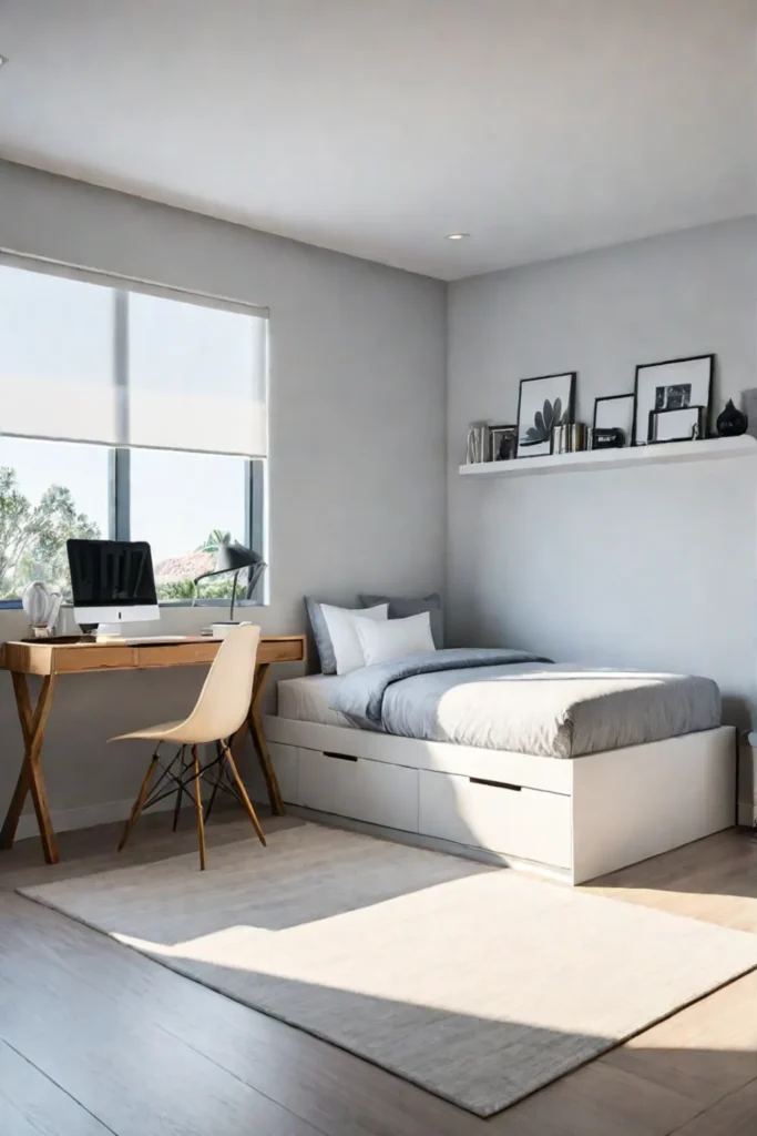 Small bedroom with spacesaving furniture