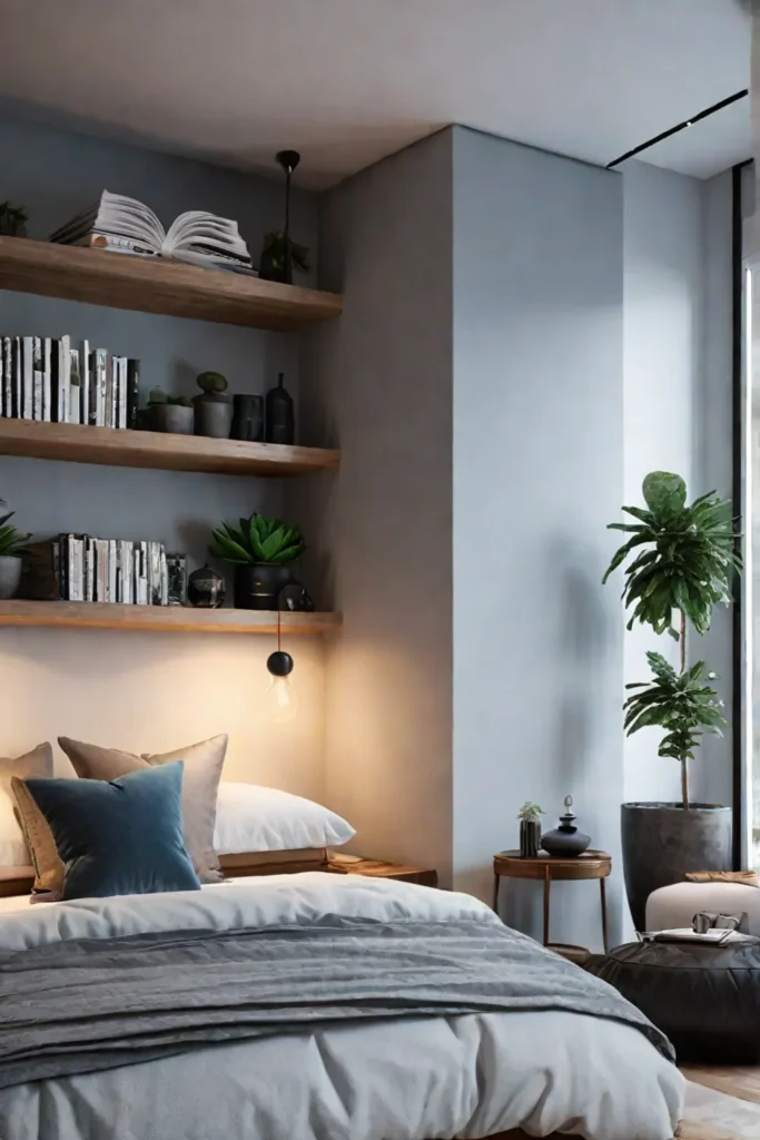 Stylish bedroom with floating shelves